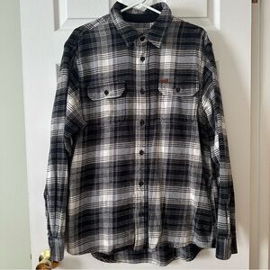 Orvis Men’s Black & White Plaid Flannel Shirt Size Large 100% Cotton Side Pocket
